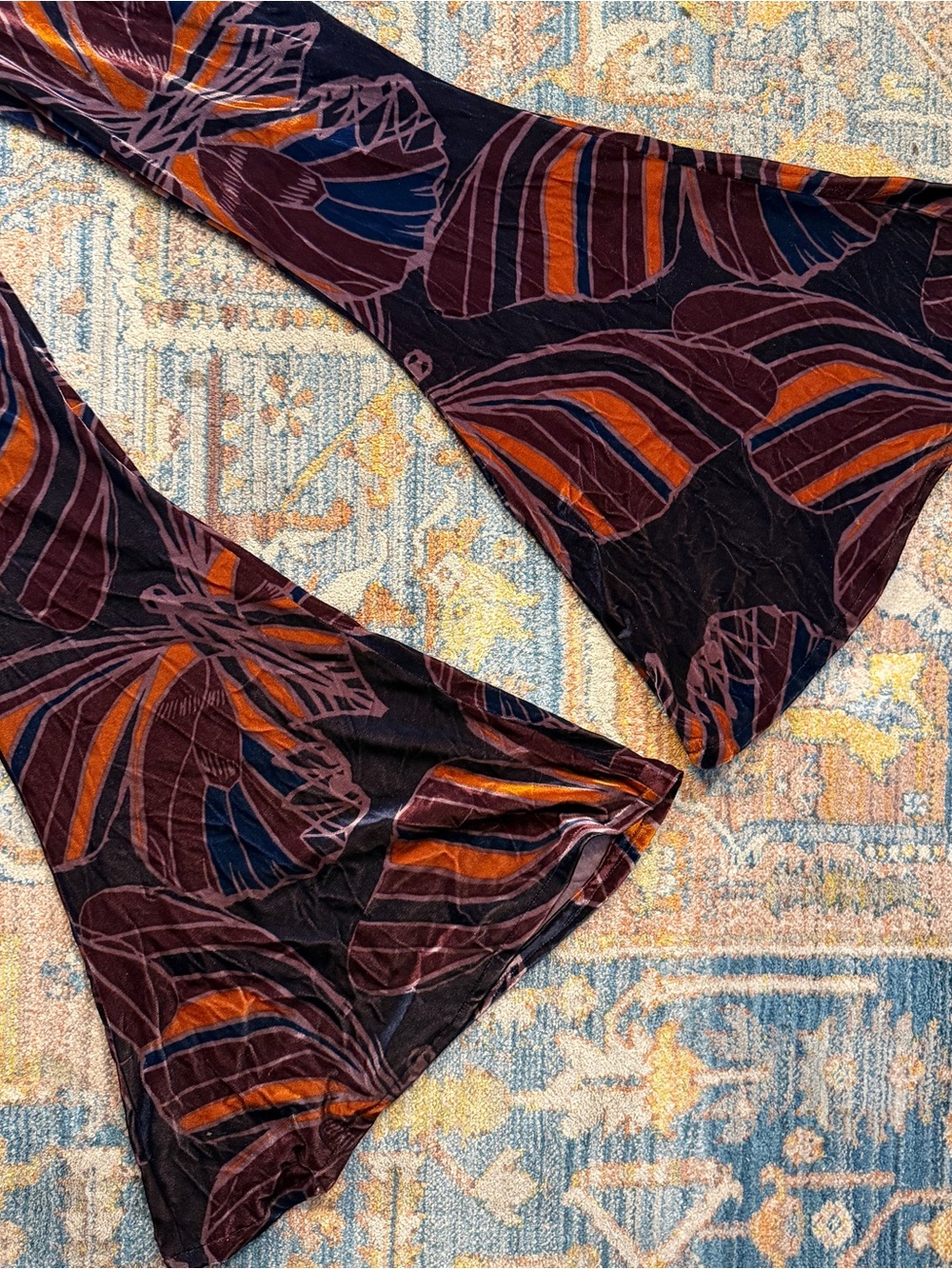 Free People Black Velvet Burnout Flare Pants with Rust & Navy Leaf Print - Picture 4 of 4
